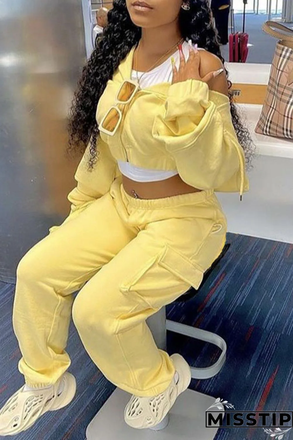 Yellow Fashion Casual Solid Patchwork O Neck Long Sleeve Two Pieces