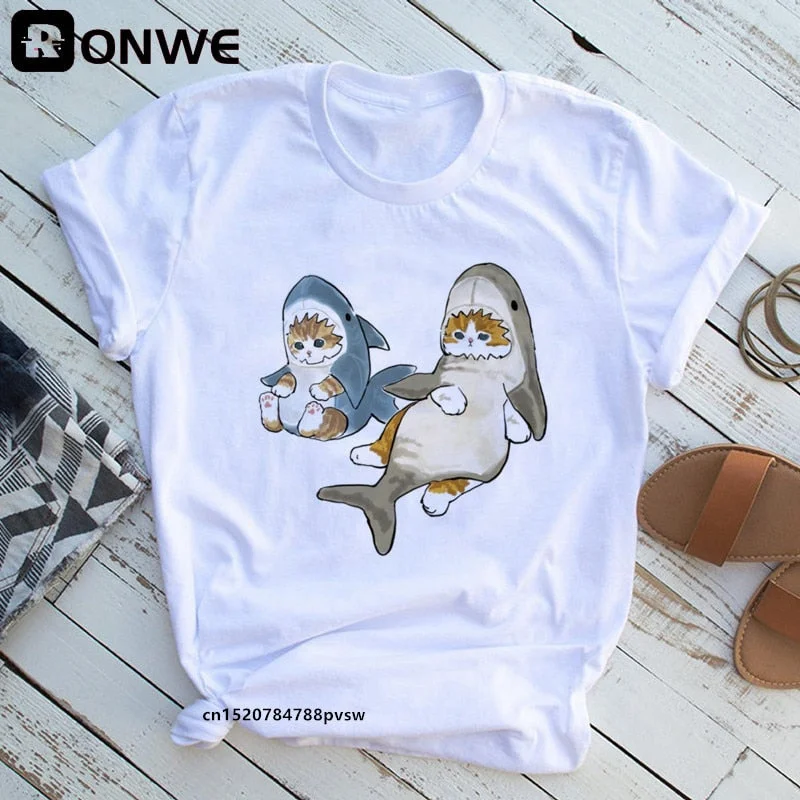 Cat Shark Funny Women Cartoon Y2K T shirt Female 90s Summer Clothing Girl Fashion Black T-shirts,Drop Shipping