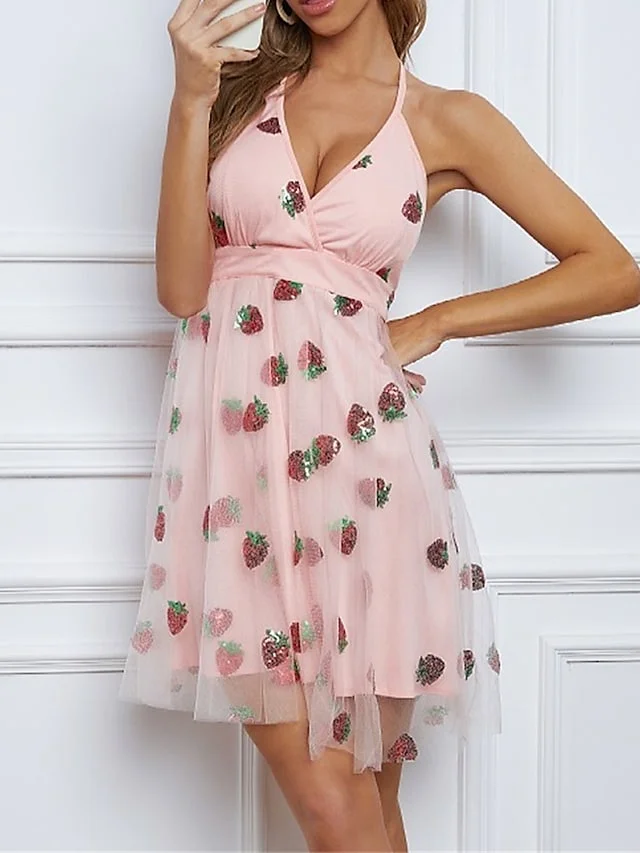 Women's Party Dress Sexy Dress Sundress Mini Dress Pink Sleeveless Strawberry Sequins Summer Spring Halter Party Vacation Summer Dress Slim 2023 S M L XL / Slip Dress / Shimmer / Mesh / Layered | IFYHOME