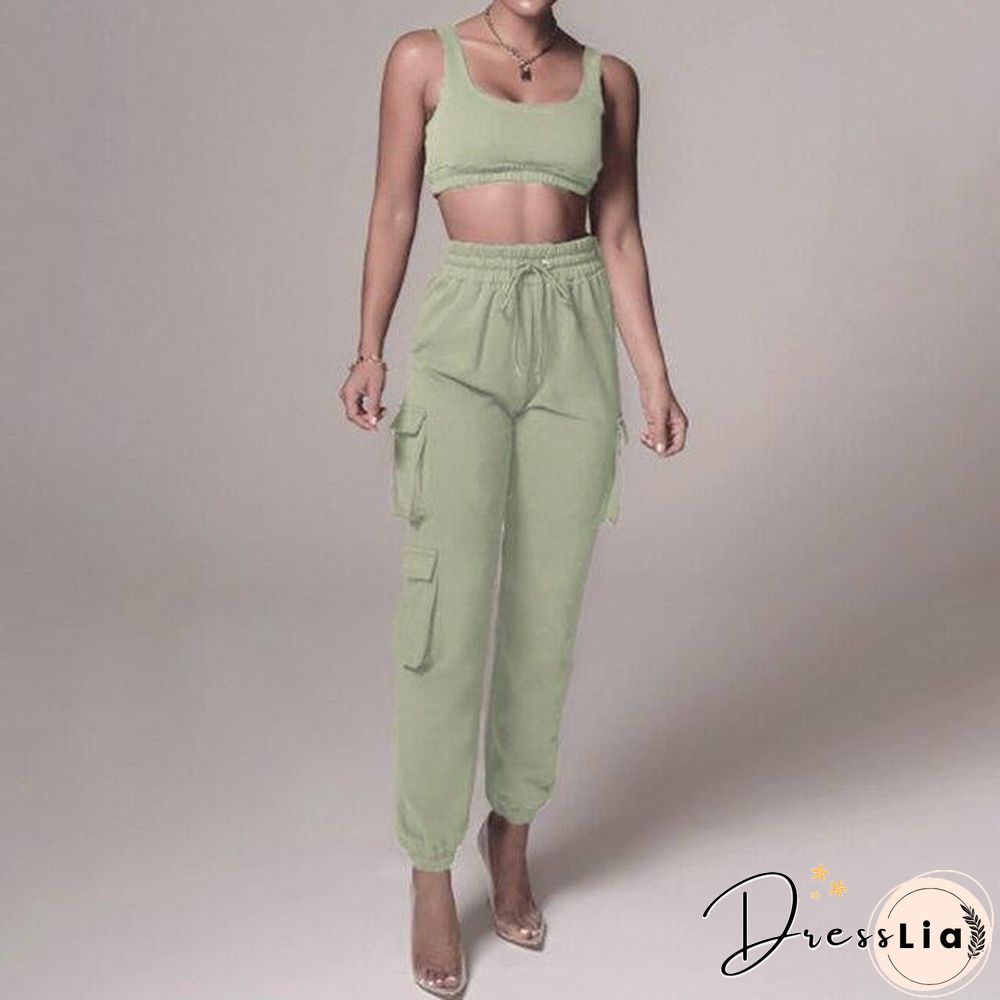 2 Piece Women Sports Casual Set Sweatshirt Crop Tops Pocket Sweatpants Baggy Pants Tracksuit Streetwear Joggers Summer Outfits