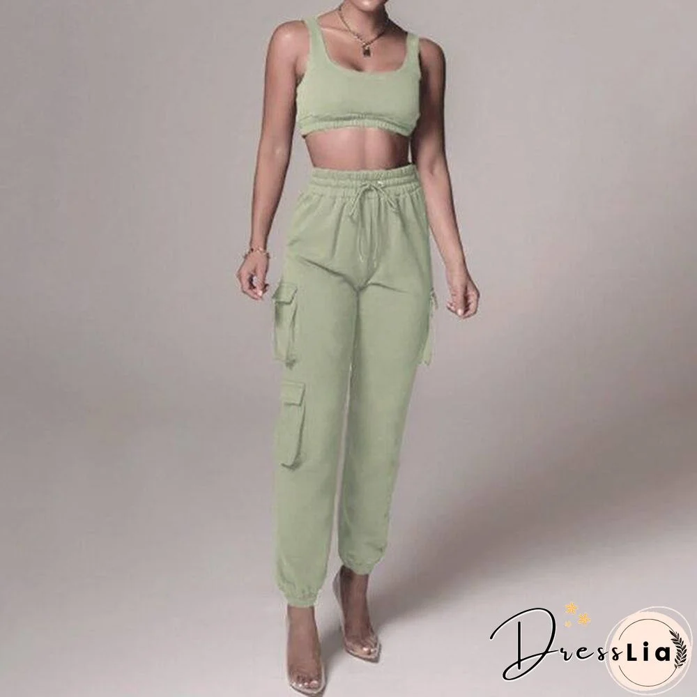 2 Piece Women Sports Casual Set Sweatshirt Crop Tops Pocket Sweatpants Baggy Pants Tracksuit Streetwear Joggers Summer Outfits