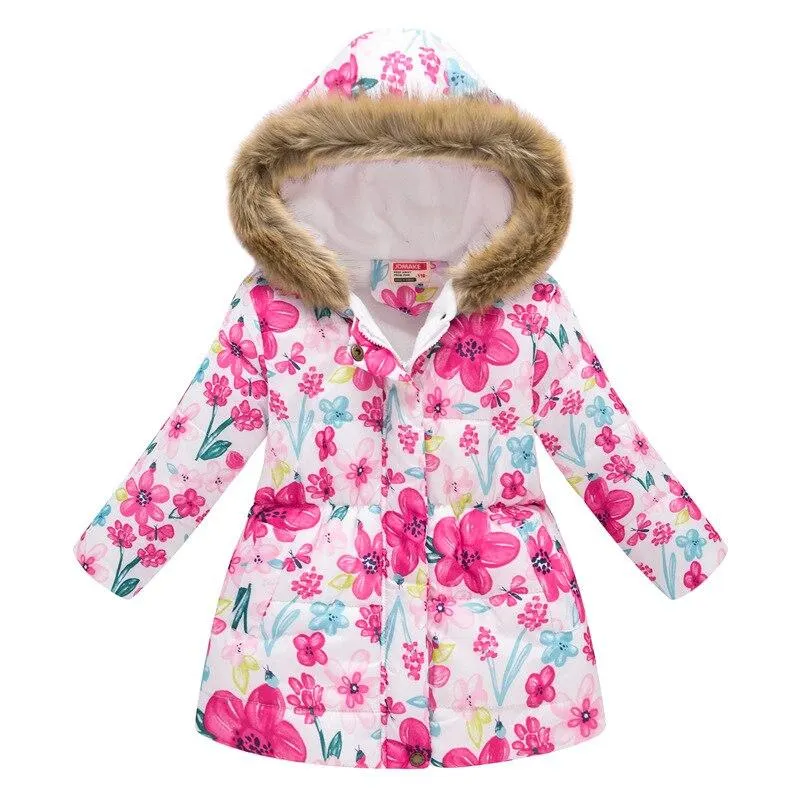 Thicken Winter Girls Jackets Fashion Printed Hooded Outerwear For Kids Internal Plus Velvet Warm Girls Coats Christmas Present