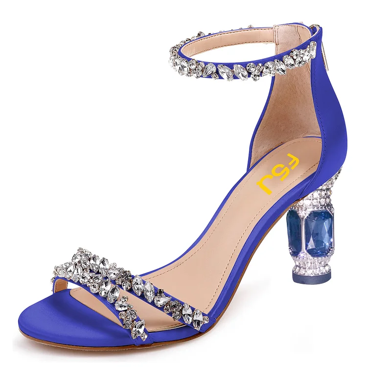 Royal Blue Ankle Strap Sandals Rhinestone Decorative Heel Sandals |FSJ Shoes