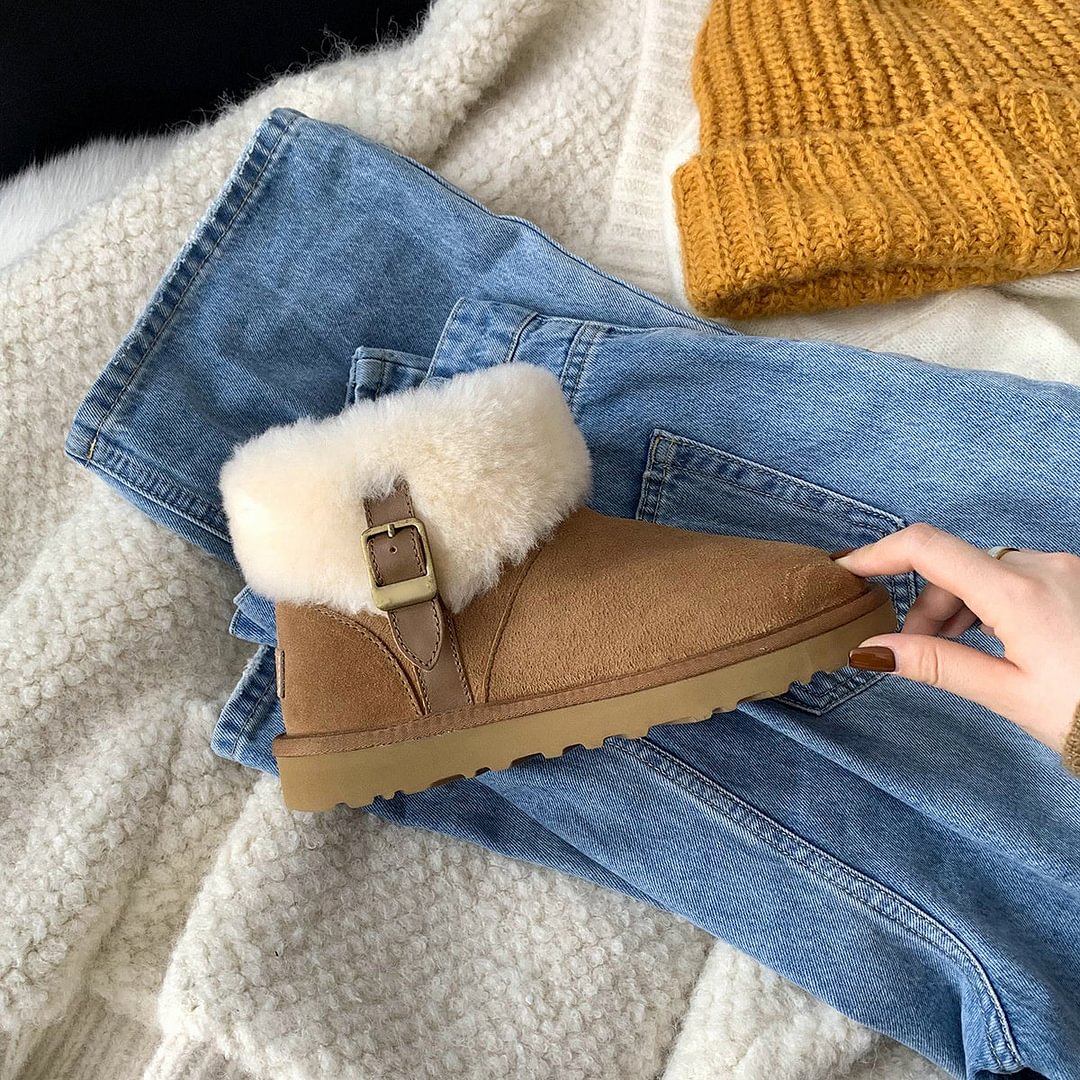 Fashion Belt Buckle Long Plush Animal Flats Boots Shoes