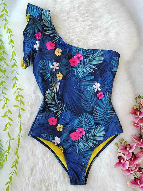 Floral One-Shoulder Falbala Tight One-Piece Swimwear
