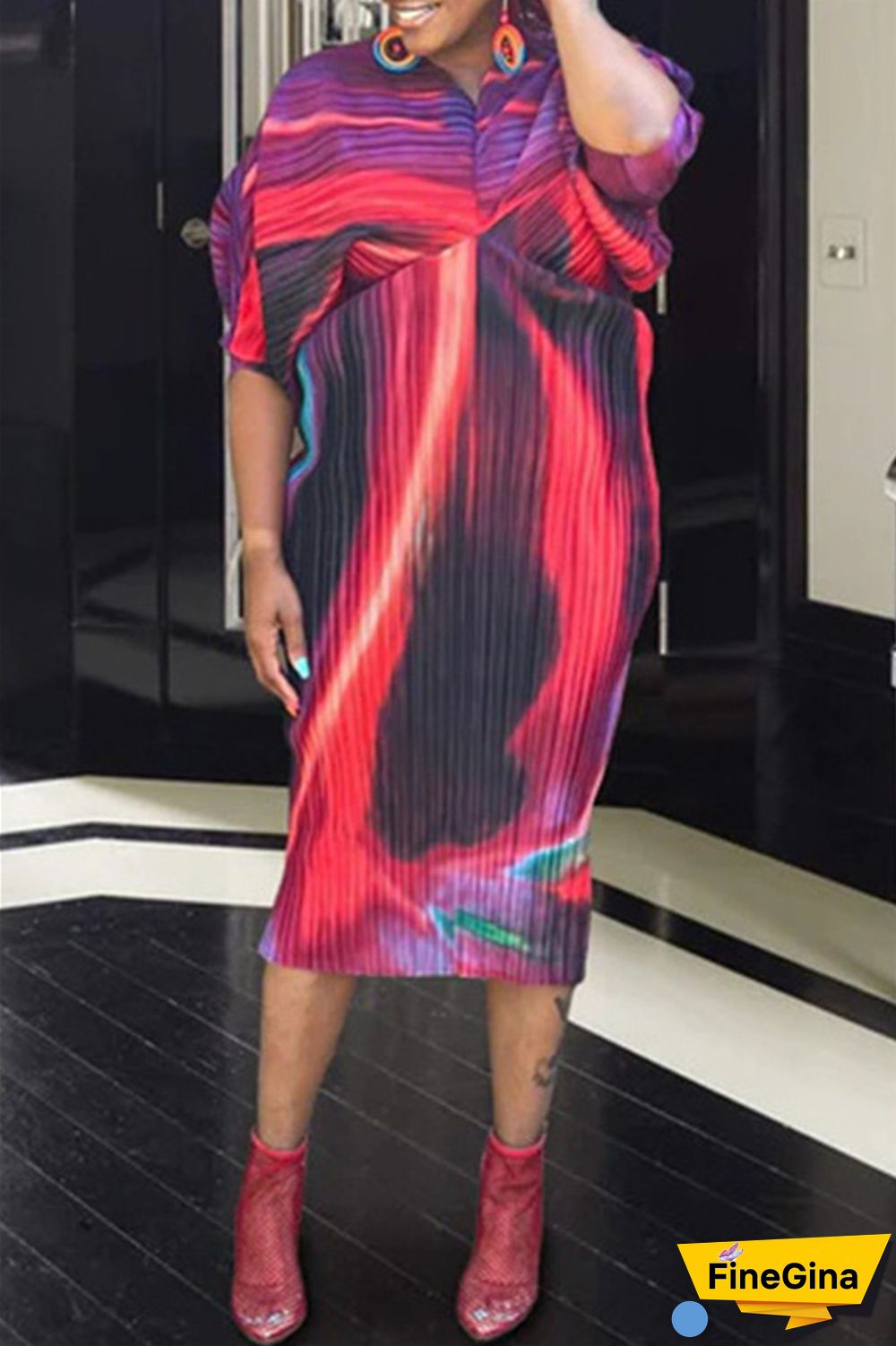 Pink Purple Casual Print Patchwork V Neck Pencil Skirt Plus Size Dresses