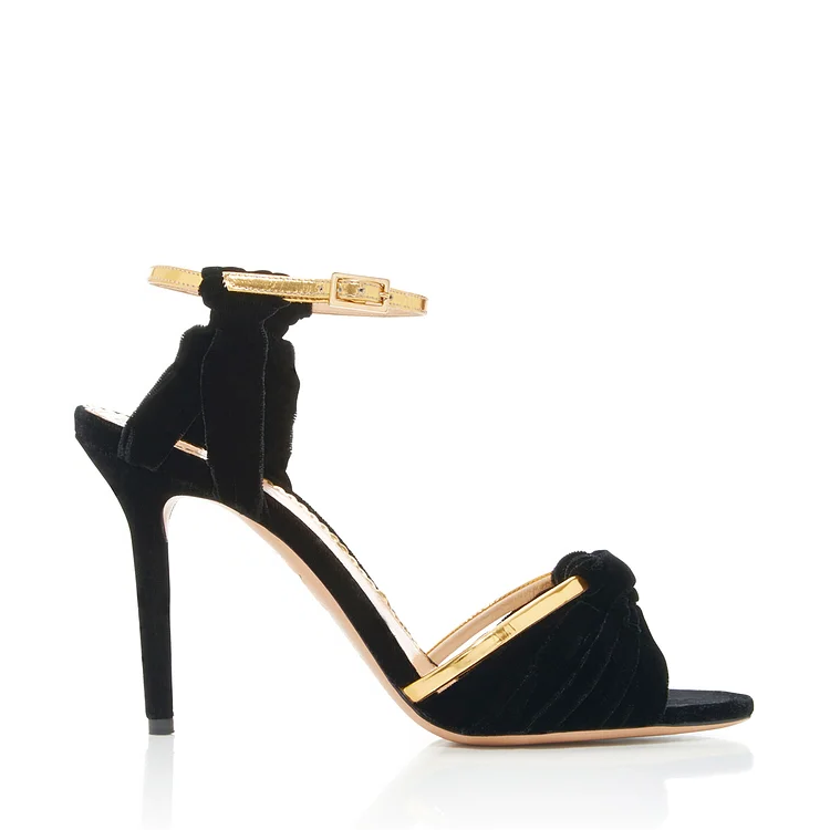 Women's Black and Golden  Suede Stiletto Ankle Strap Sandals |FSJ Shoes