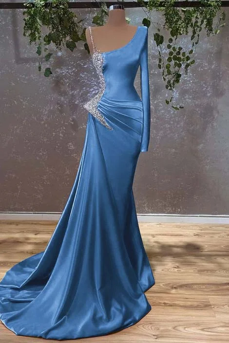 strapless open back dress Sheath Long Sleeves Satin Split Front Prom Dress With Rhinestone Accen –  27dress main image 1