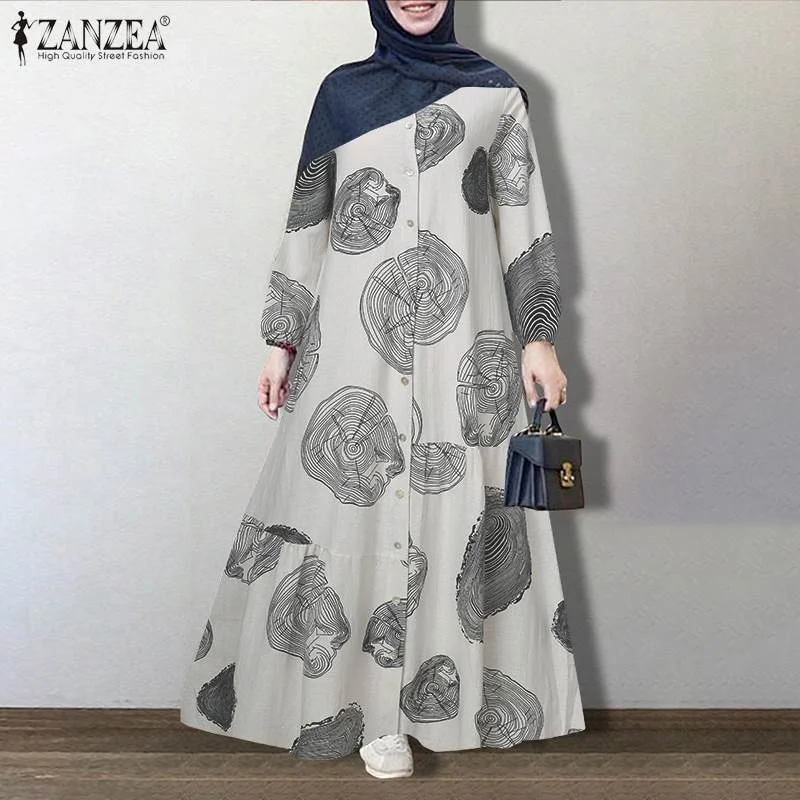 ZANZEA Vintage Floral Printed Sundress Autumn Long Sleeve Loose Maxi Long Vestido Women Retro Dubai Abaya Turkey Hijab Dress