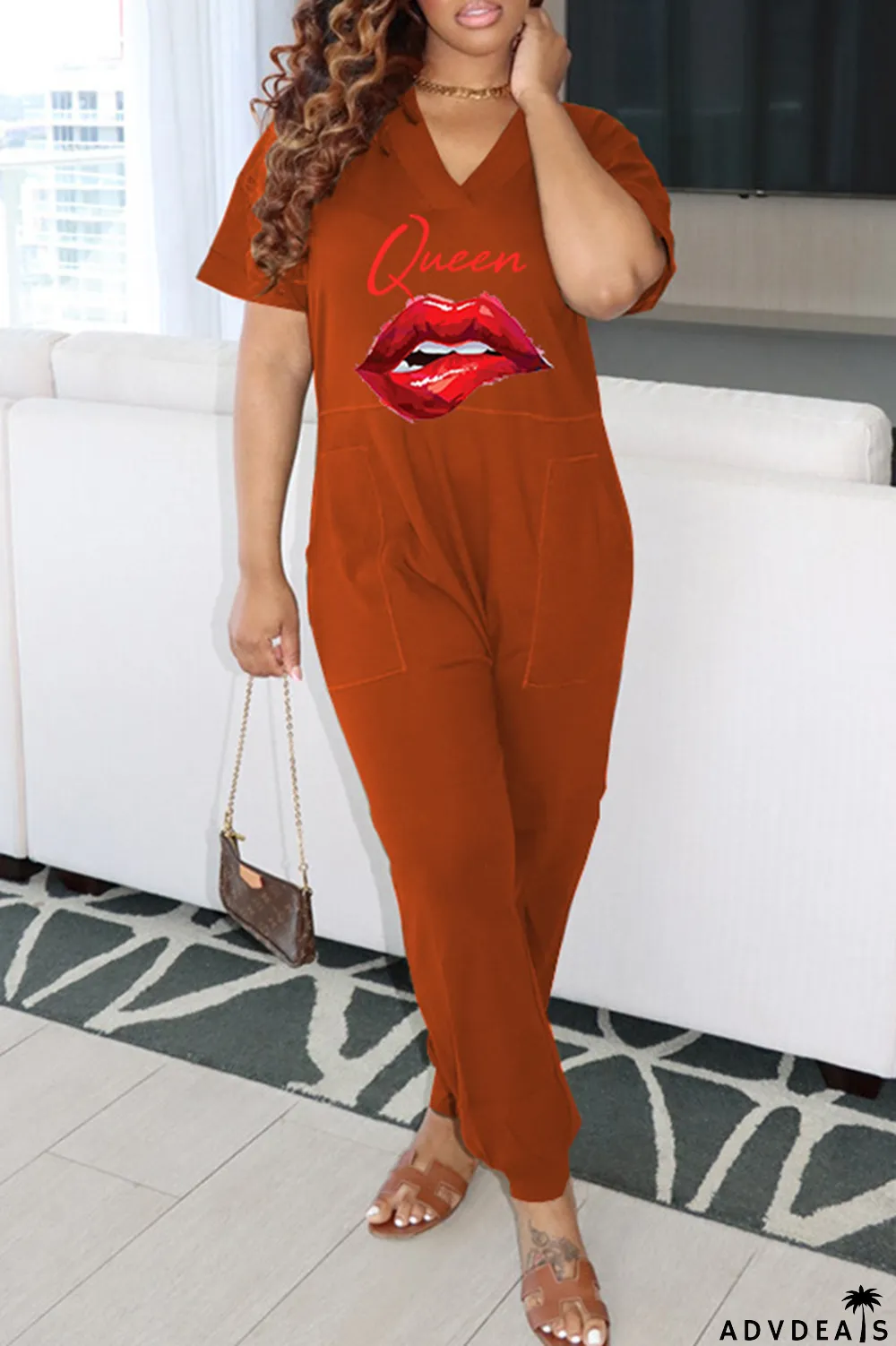 Green Fashion Casual Print Basic V Neck Regular Jumpsuits