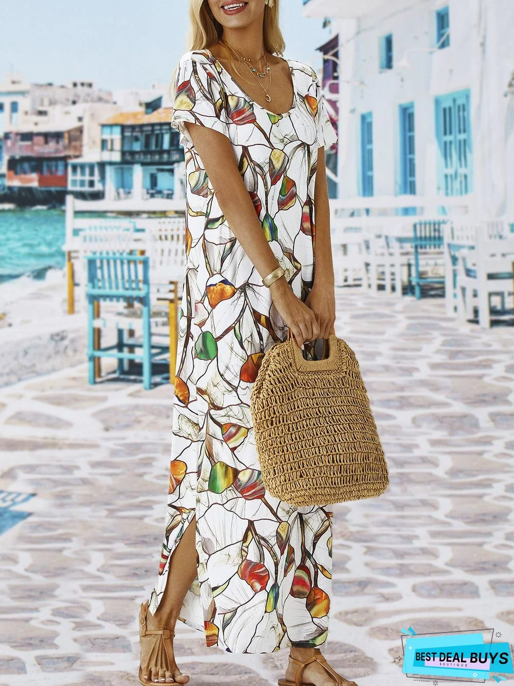 Vacation Floral Loosen U-Neck Maxi Short Sleeve Knit Dress