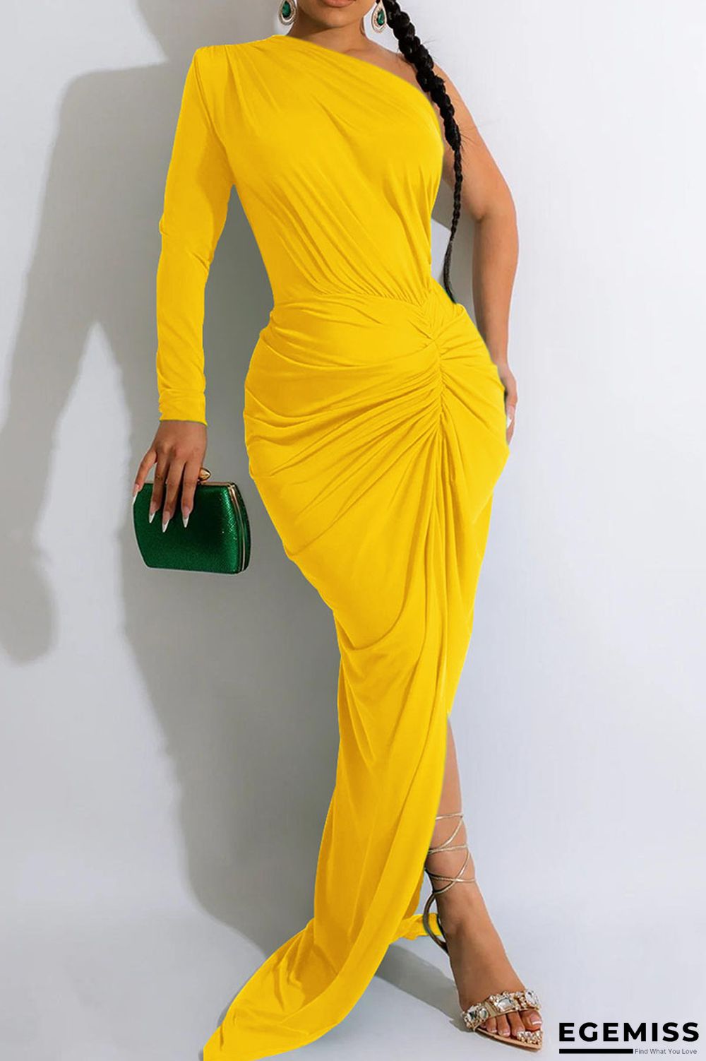 Yellow Sexy Solid Patchwork Fold Oblique Collar Long Dress Dresses | EGEMISS