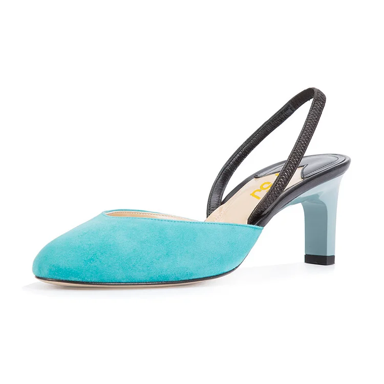 Women's Turquoise Almond Toe Chunky Heel Slingback Pumps |FSJ Shoes