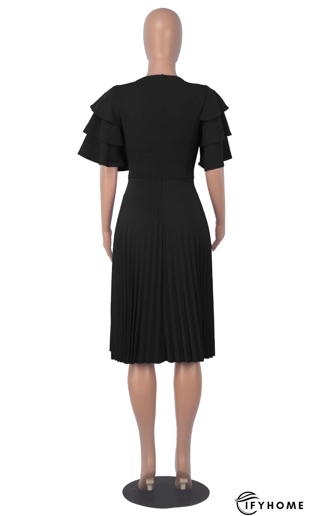 Round Neck Ruffle Short Sleeve Pressed Pleated Dress | IFYHOME