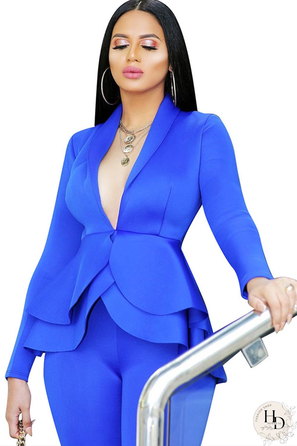 Black Casual Two Piece Suits Patchwork ruffle Solid pencil Long Sleeve