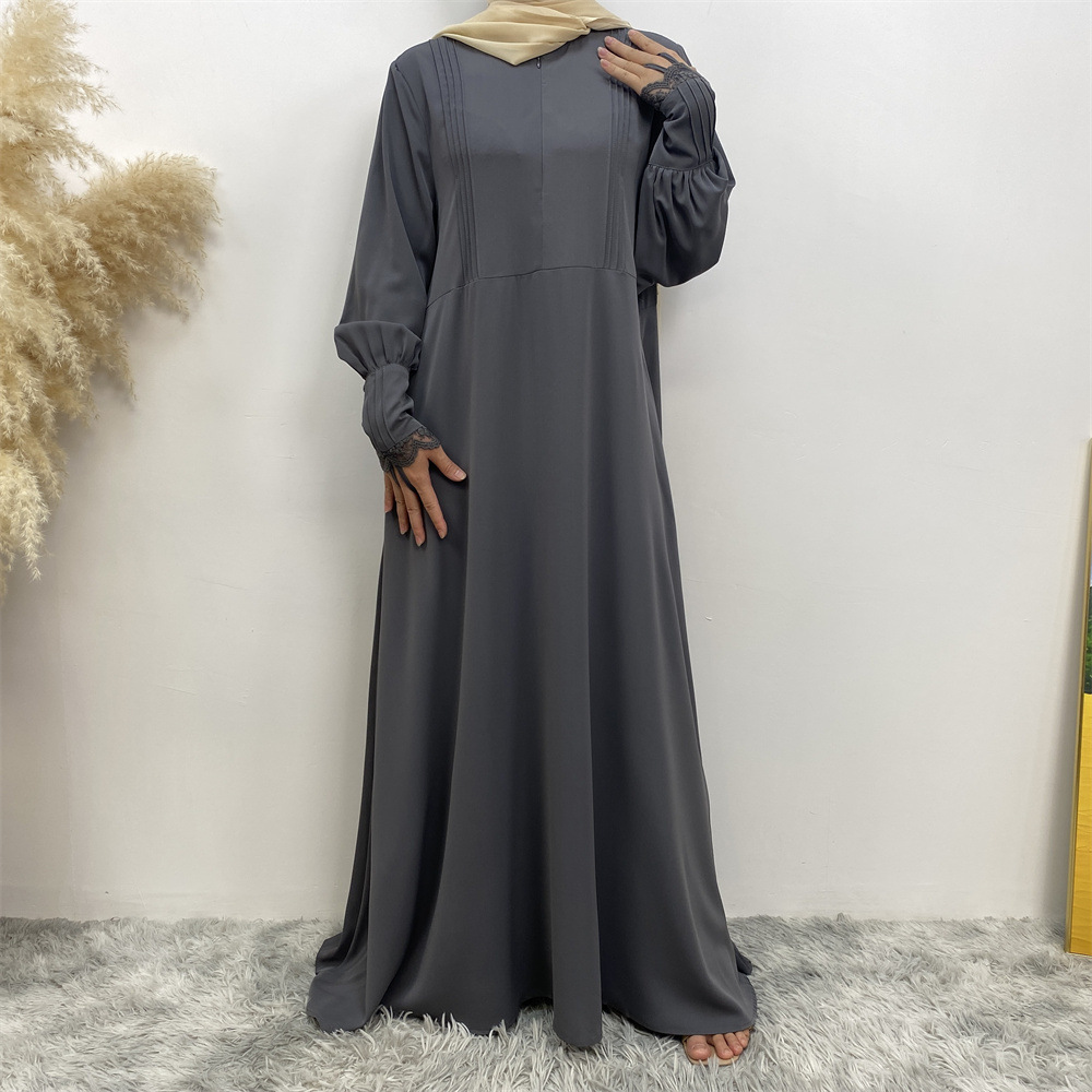 Lace Long Sleeve Zipper Pleated Solid Color Lady Kaftan | Oxredo Shop Ramadan Sale