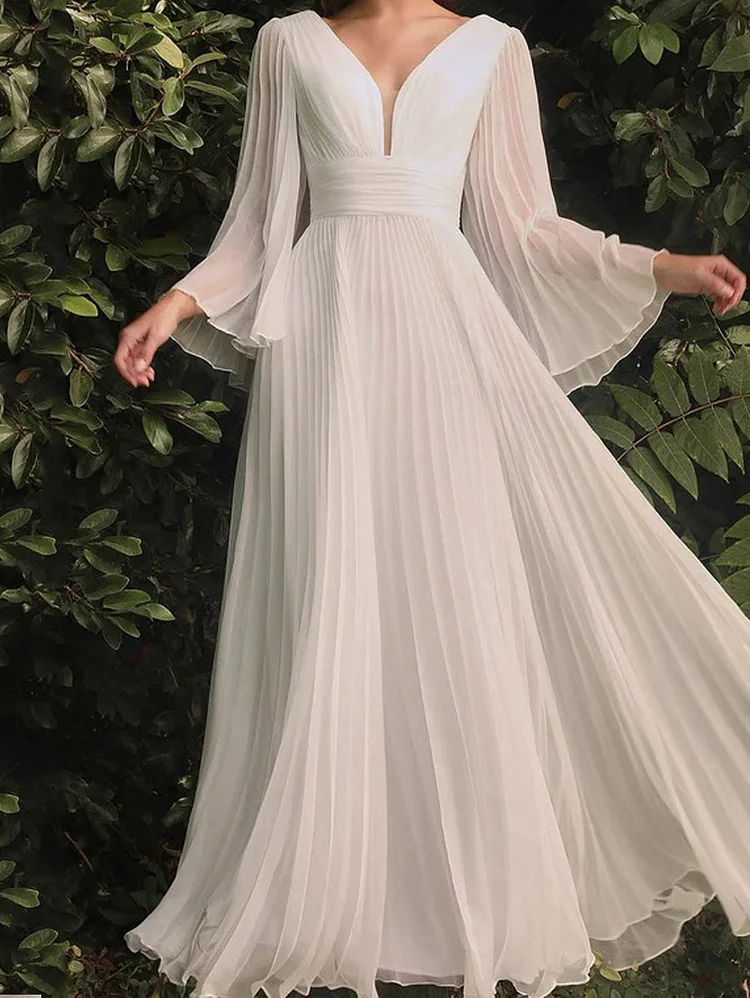 White Elegant Plain Deep V Neck Pleated Maxi Tunic Dress