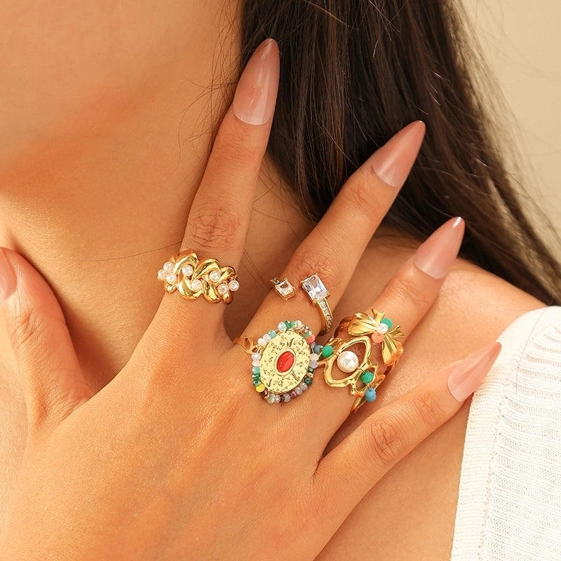 Elegant Sweet Korean Style Bow Knot 304 Stainless Steel Natural Stone Zircon 14K Gold Plated Plating Hollow Out Stainless Steel Rings