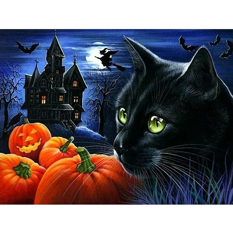 Halloween Black Cat Pumpkin - Full Round - Diamond Painting(40*30cm)