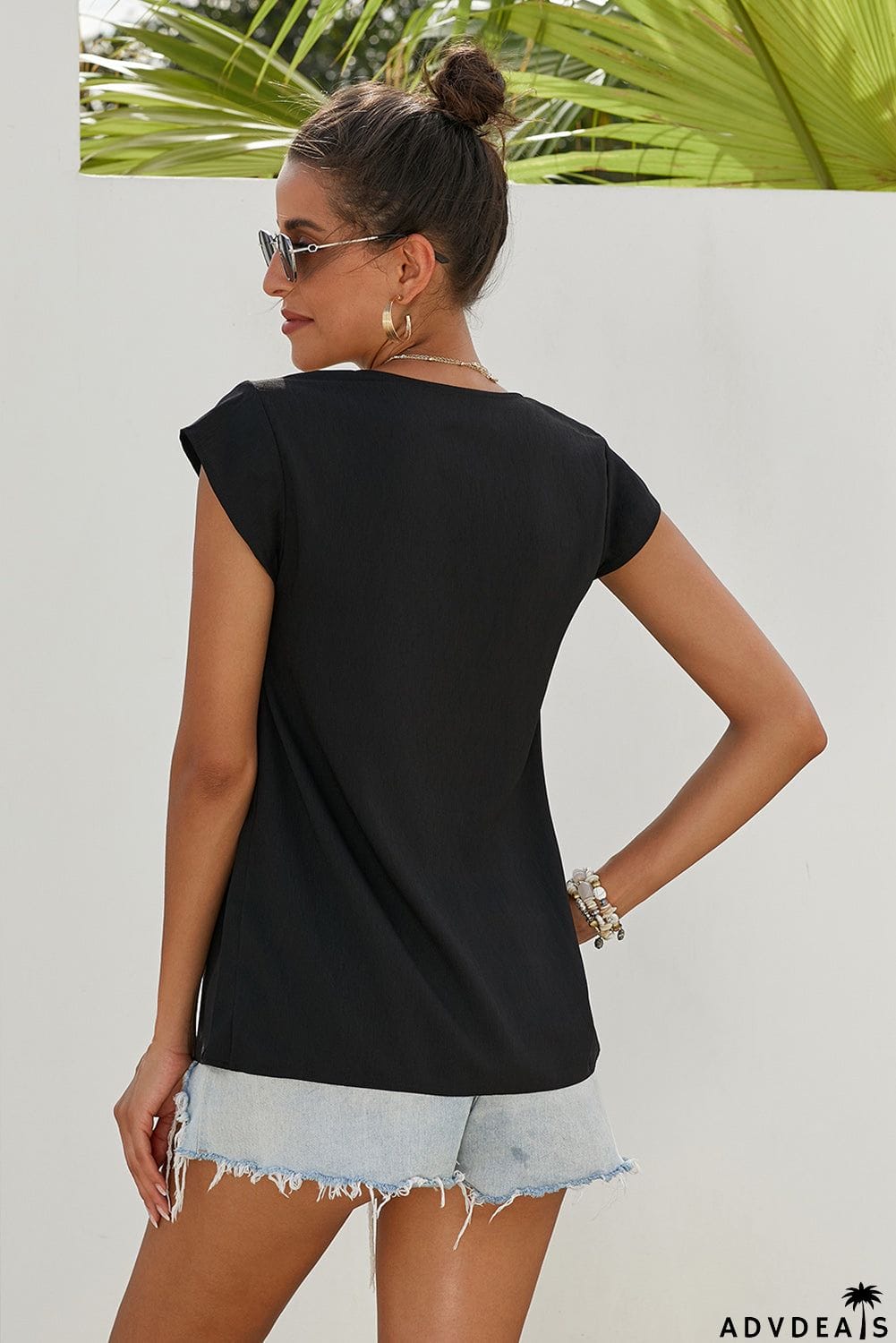 Black Short Sleeve Boho Printed Neck Shift Blouse