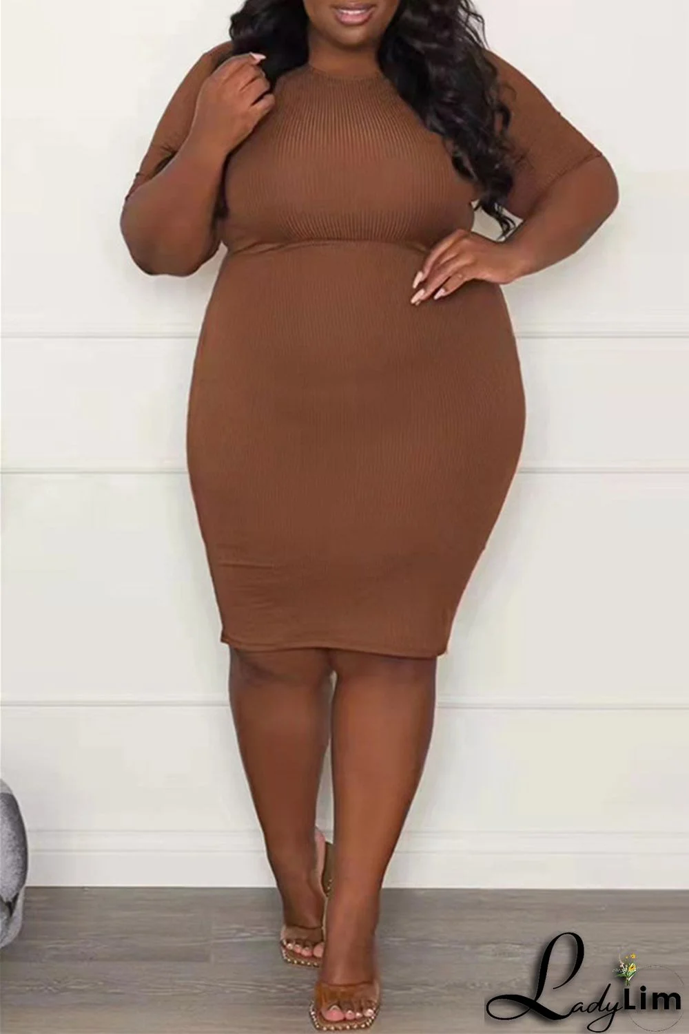 Brownness Fashion Casual Plus Size Solid Basic O Neck Short Sleeve Dress