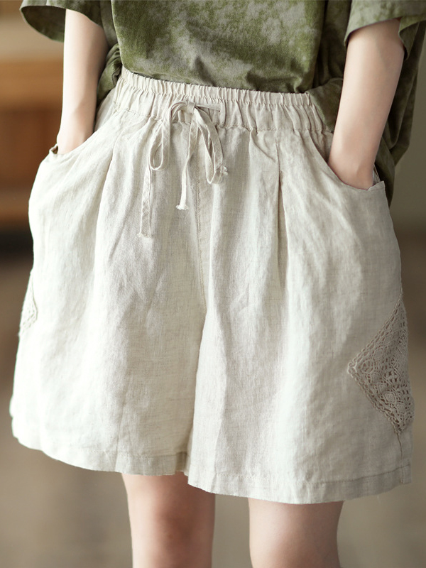 Hollow-out Crocheting Elastic Waist Linen Short Pant