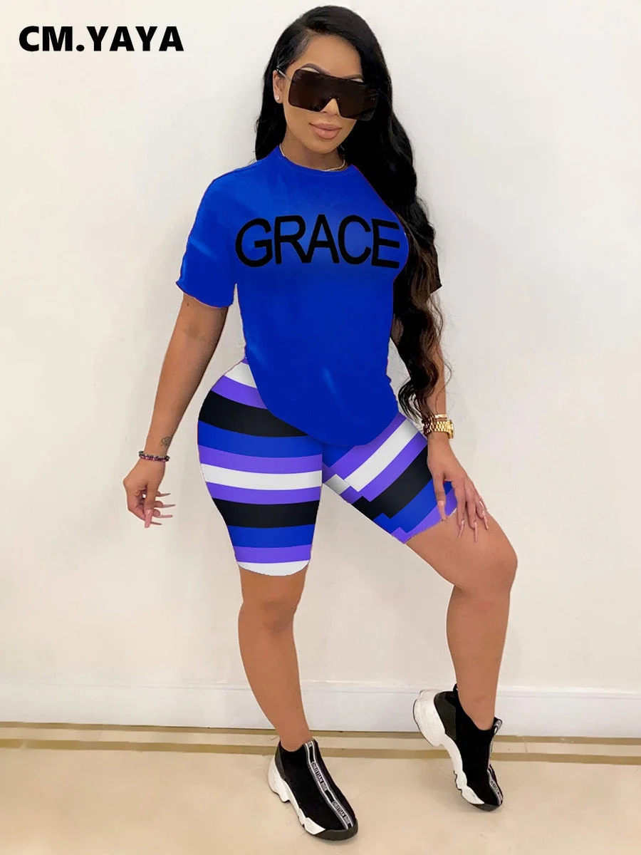 CM.YAYA Women Set Letter Print Short Sleeve O-neck Tops Striped Shorts Two 2 Piece Sets Active Tracksuit Summer Outfits 2021