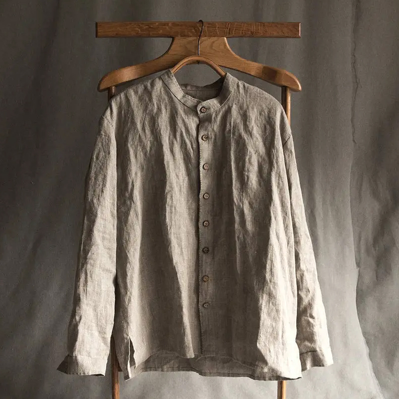 Men's Linen Grey Stand Collar Single Breasted Shirt