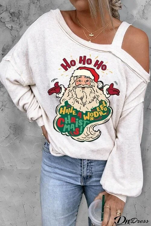 Santa Claus Graphic Asymmetrical Neck Long Sleeve Top