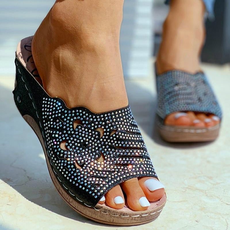 Summer Women Wedges Slipper Platform Crystal Bling Luxury Slides Peep Toe Outddor Elegant Sandals Dress Casual Ladies Shoes - vzzhome