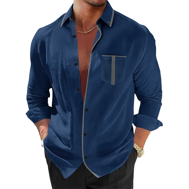 Men's Vintage Contrast Patchwork Slim Lapel Long-Sleeved Shirt 99949805M
