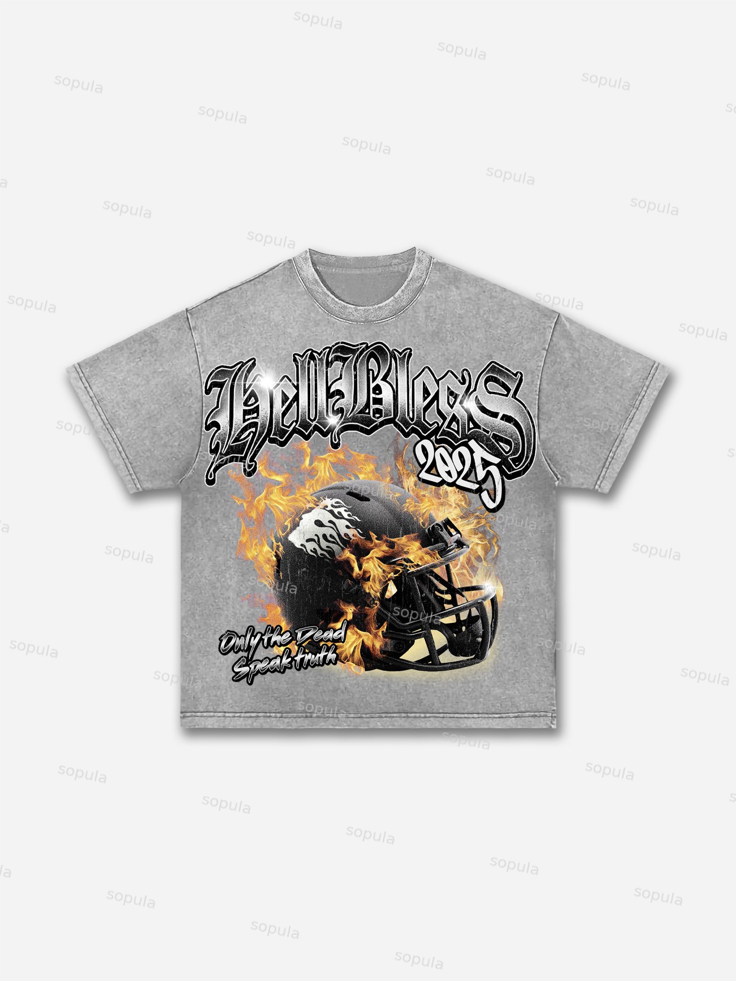 Hellbless Flame Rugby Helmet Vintage Old Graphic Acid Wash T-shirt - Sopula｜Premium Graphic Tees & Graphic Clothing