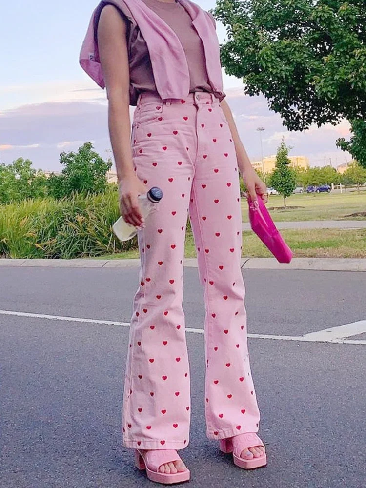 Rapcopter Y2K Pink Pants Heart Printed Sweet Trousers Vintage Aesthetic Party Pants Pockets Joggers Festival Outfits Women New