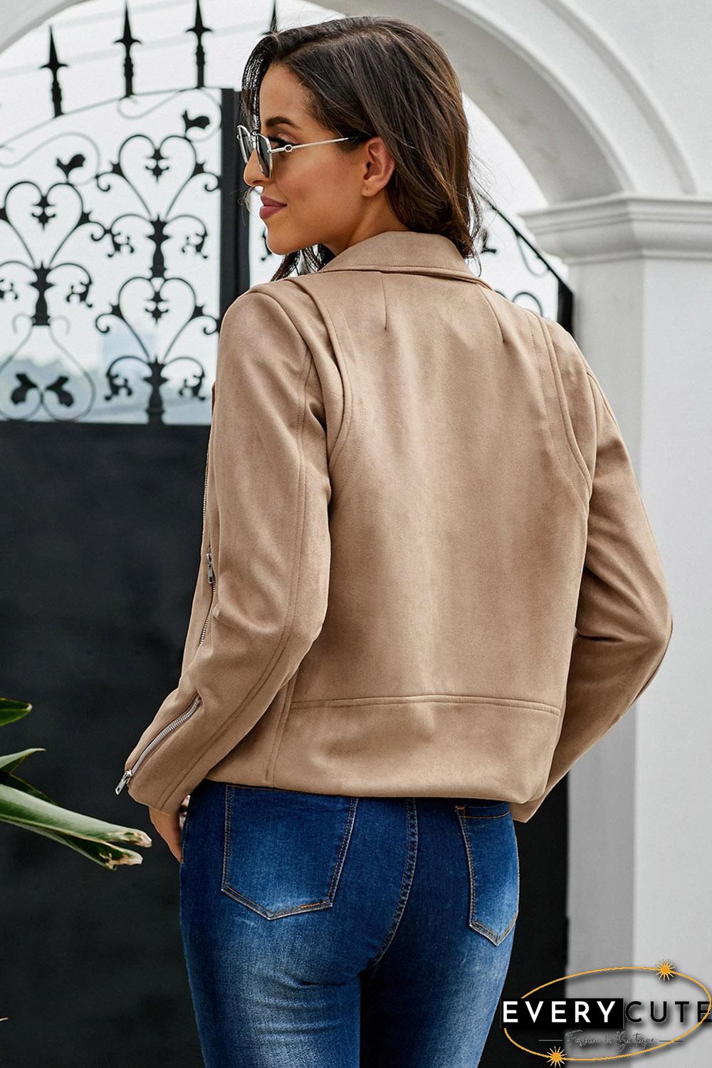 Khaki Zipped Notch Collar Short Jacket