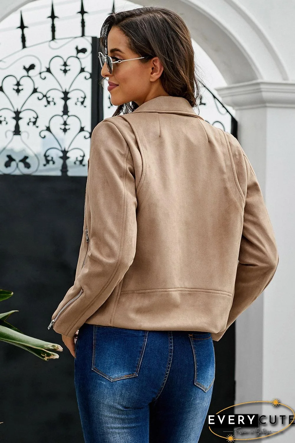 Khaki Zipped Notch Collar Short Jacket