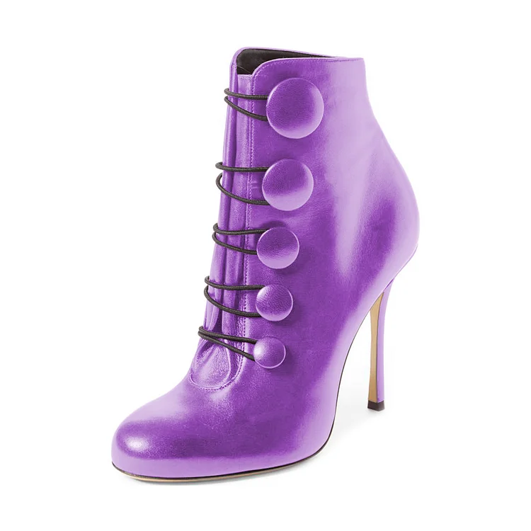 Purple Heeled Boots Round Toe Stiletto Heel Buttoned Ankle Boots |FSJ Shoes
