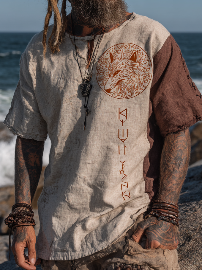 Men's Vintage Coastal Linen T-Shirt –  Fenrir Wolf Rune Design / Rvogue / Rvogue