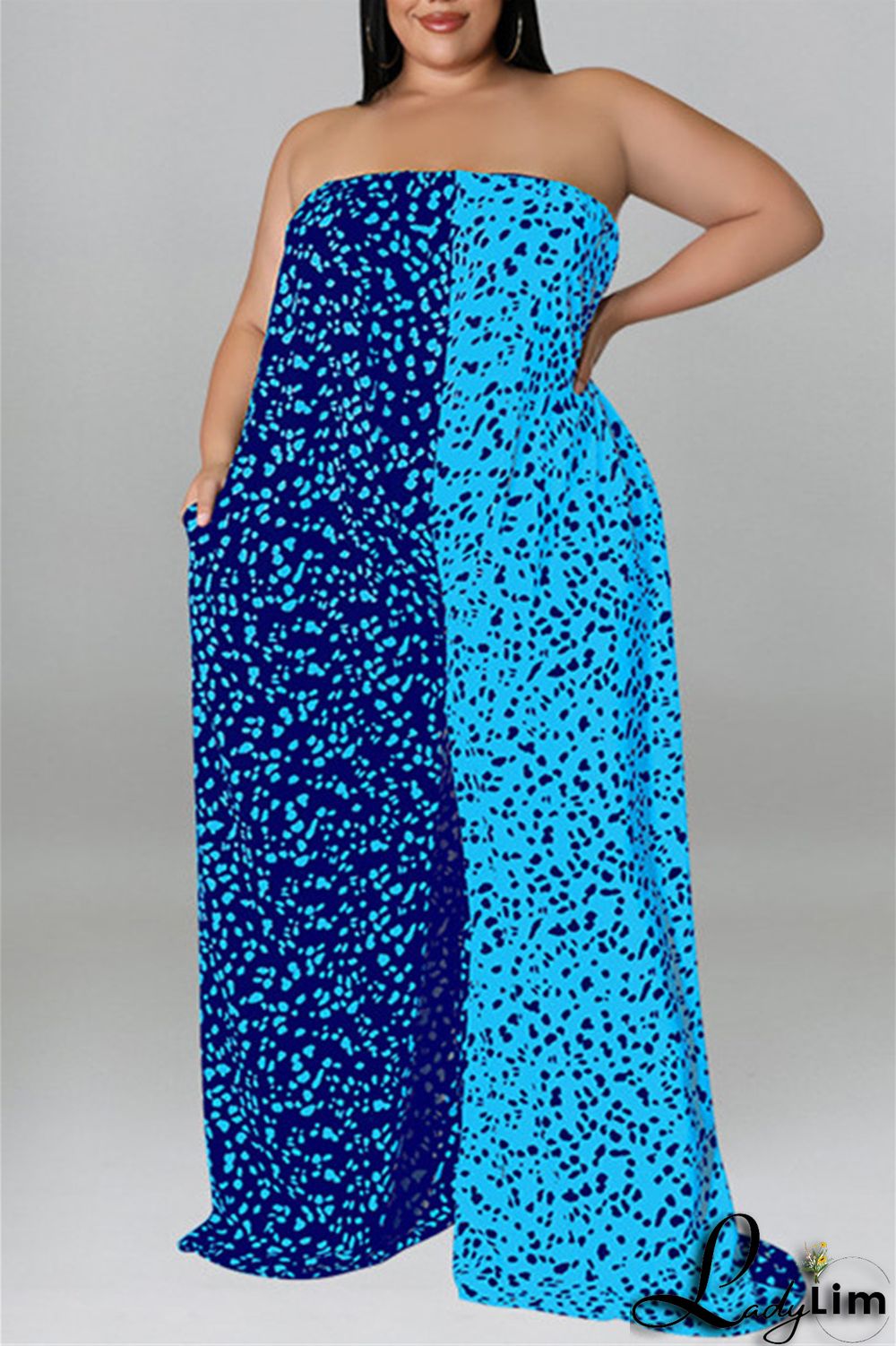 Purple Fashion Casual Print Split Joint Backless With Belt Strapless Plus Size Jumpsuits