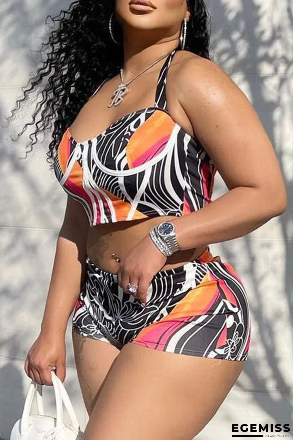 Tangerine Red Sexy Casual Print Backless Spaghetti Strap Sleeveless Two Pieces | EGEMISS