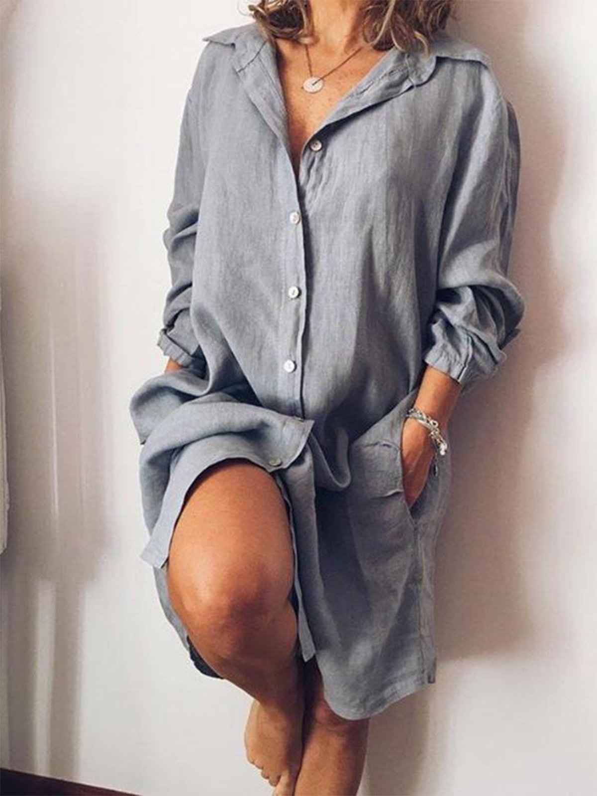 Casual V Neck Long Sleeve Solid Dresses