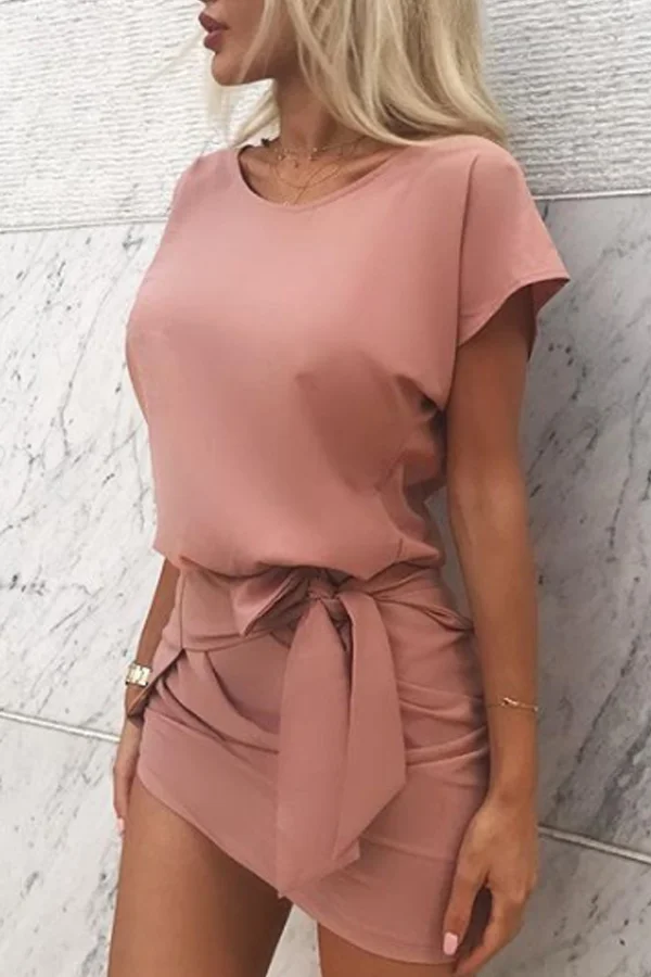 Round Neck Asymmetric Hem Belt Plain Batwing Sleeve Extra Short Sleeve Casual Dresses