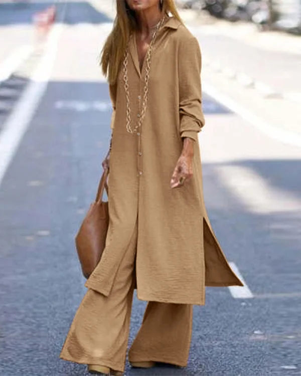 Long Cardigan Top and Wide Leg Trousers Casual Suit