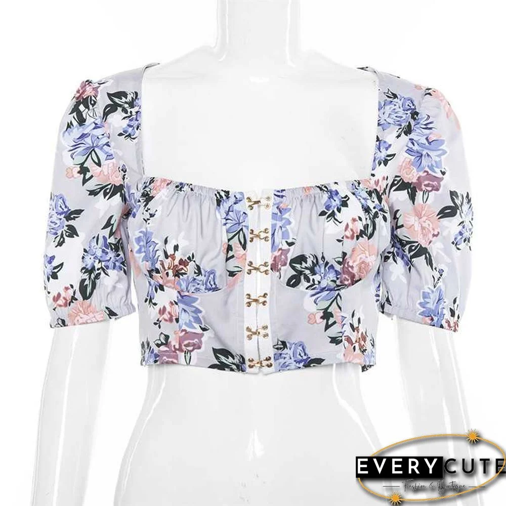 Vintage Floral Print Puff Sleeve Hook And Eye Crop Bodice Top