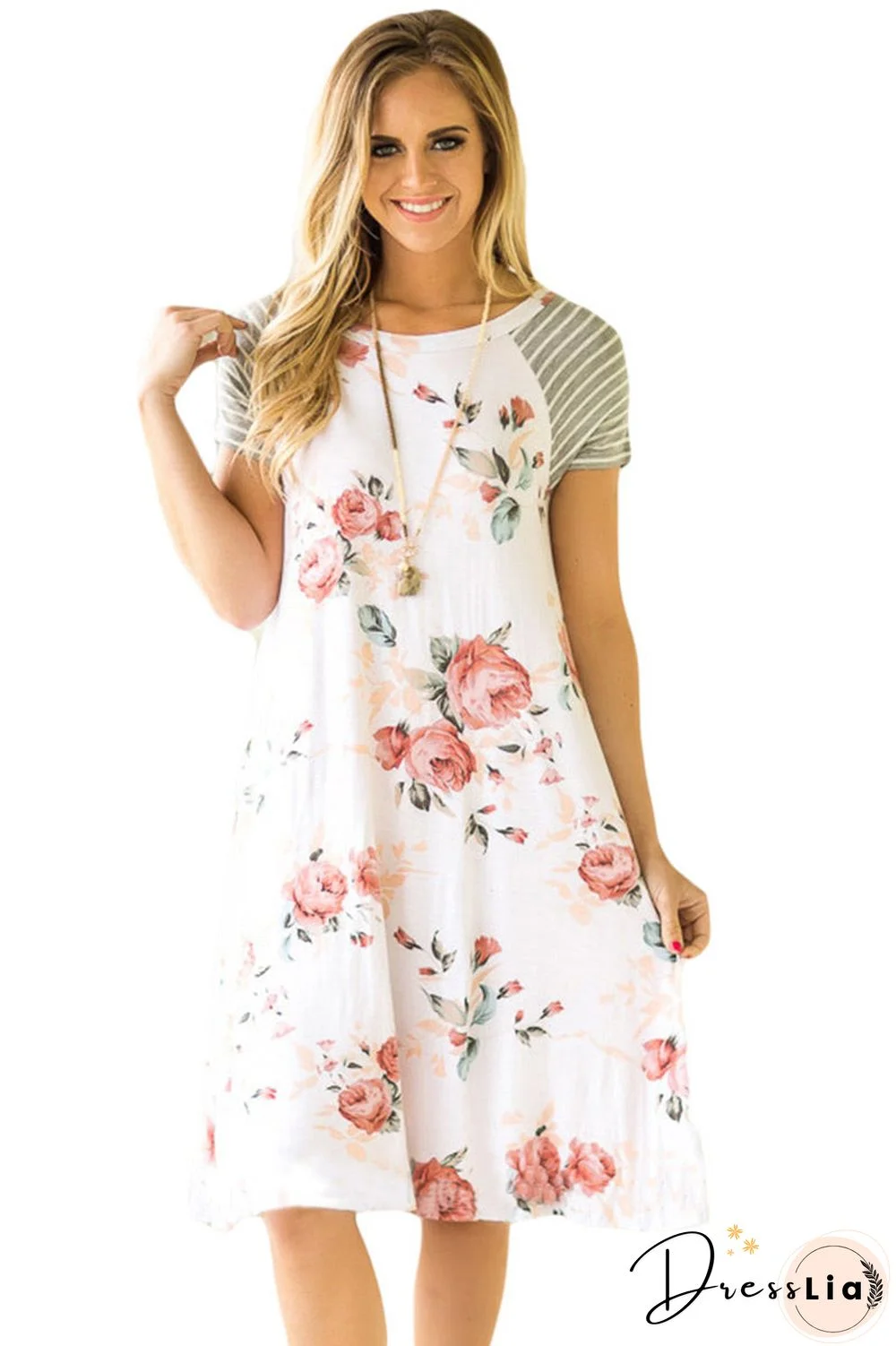 Floral Round Neck Short Sleeve Panel Dress