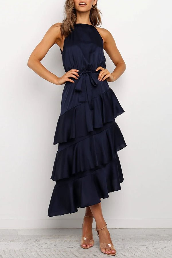 Fun and Elegant Masterpiece Satin Tiered Ruffle Midi Dress