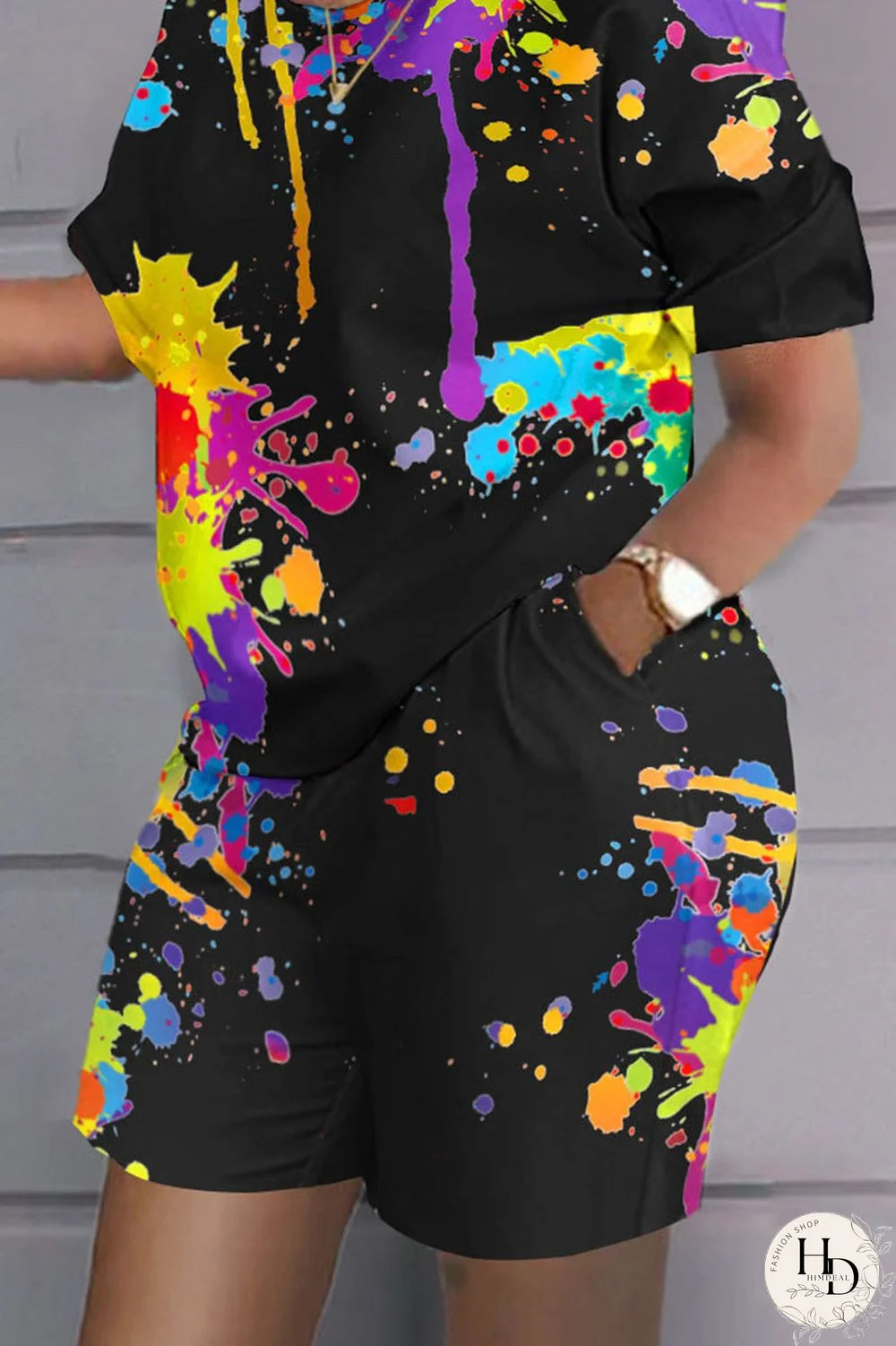 Grey Black Casual Print Patchwork O Neck Short Sleeve Two Pieces