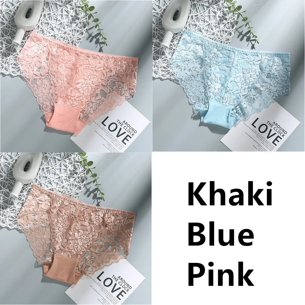 3Pcs Sexy Low Waist Women's Underwear Lace Plus Size Seamless Panties Breathable Lingerie Female Briefs Solid Hollow Underpants
