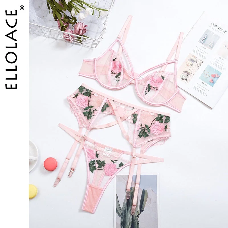 Ellolace Lingeie Women's Underwear Floral Embroidery Transparent Bralette Lingerie Set Sexy Female Underwear for Women Bra Set