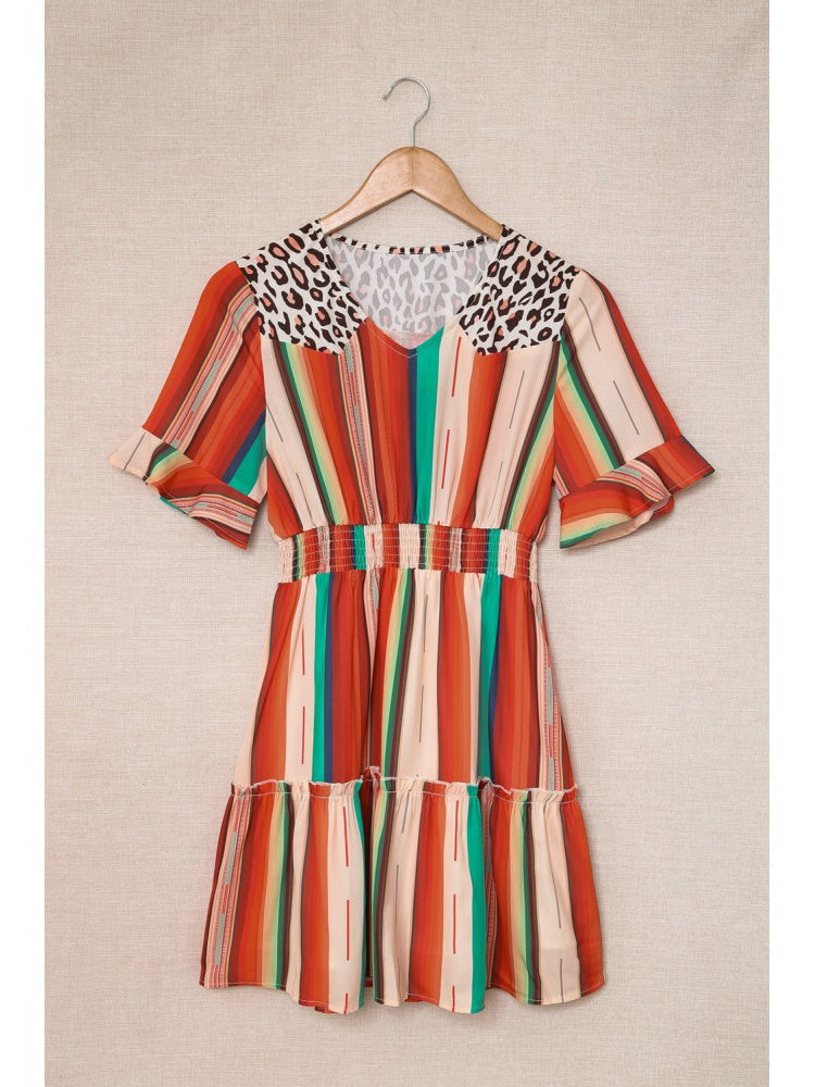 Colorful Striped Pleated Skirt Short Sleeve Dress