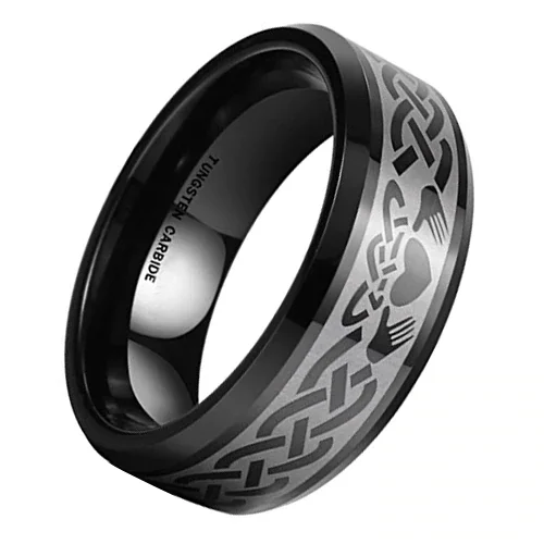 Men or Women Black Ring with Laser Etched Irish Claddagh Tungsten Carbide Embrace Love Heart Wedding Band Rings,Tungsten Black Ring with Laser Etched Celtic Kno with Heart in Hands Ring With Mens And Womens For 6MM 8MM 10MM